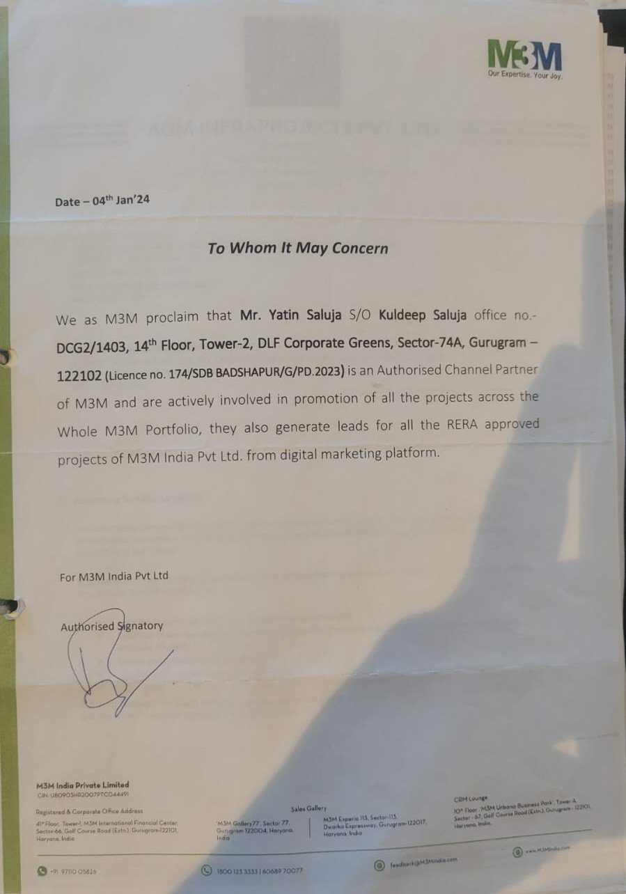 M3M Authorized Channel Partner Letter